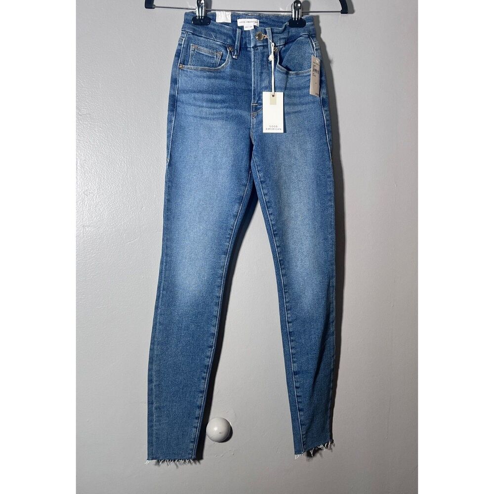 NWT Good American Good Legs Skinny Jeans 00 / 24 Blue Ankle Raw Hem Stretch